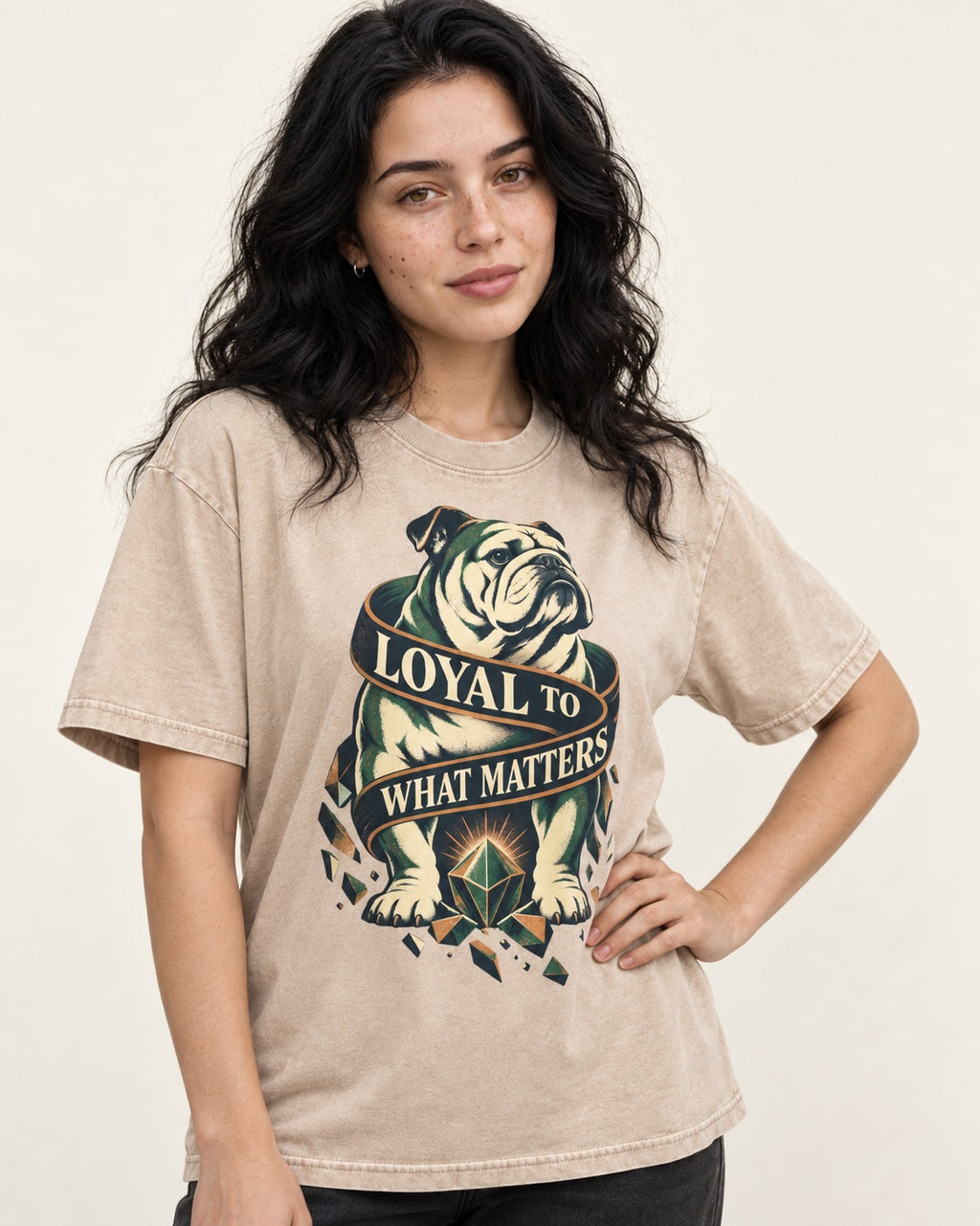 Loyal to What Matters English Bulldog Washed Tee in Apricot, worn by a model