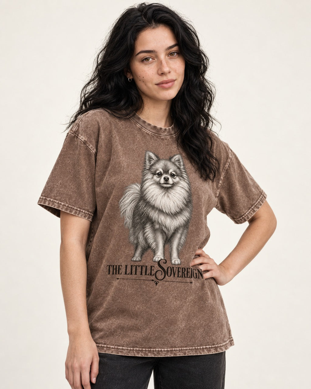The Little Sovereign Pomeranian Washed Tee in Coffee, worn by a model