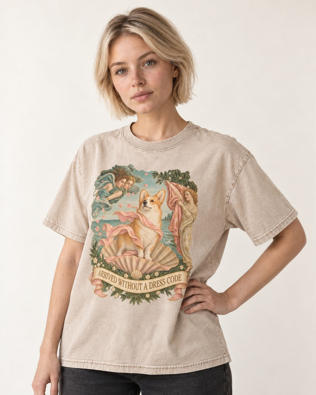 Corgi Arrived Without a Dress Code Birth of Venus Washed Tee in Apricot, worn by a model