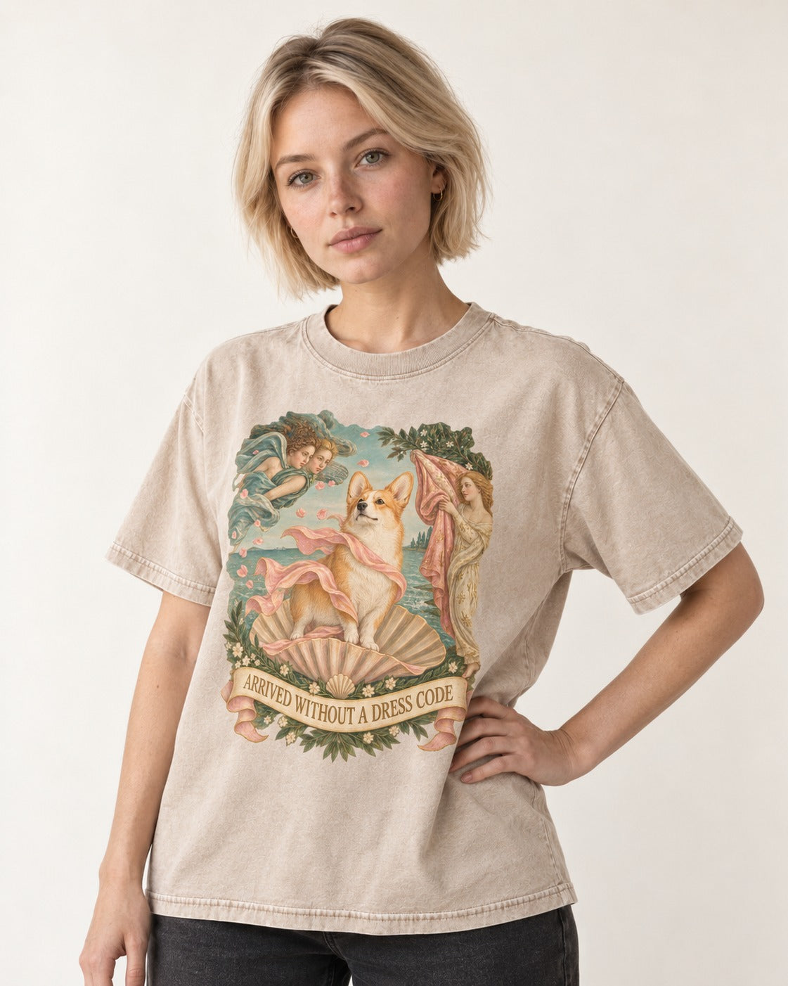 Corgi Arrived Without a Dress Code Birth of Venus Washed Tee in Apricot, worn by a model