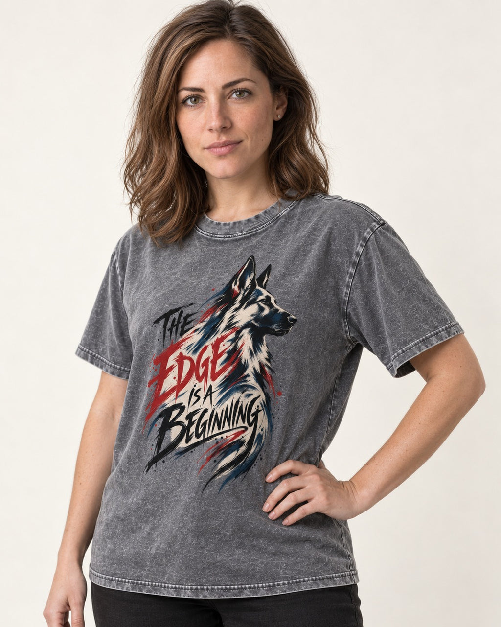Edge Is a Beginning German Shepherd Dog Washed Tee in Gray, worn by a model
