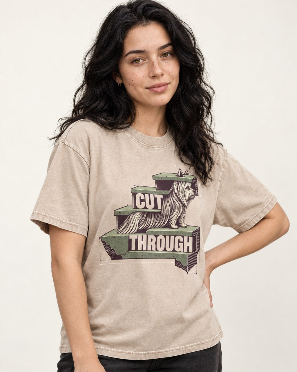 Yorkshire Terrier Cut Through Washed Tee in Apricot, worn by a model