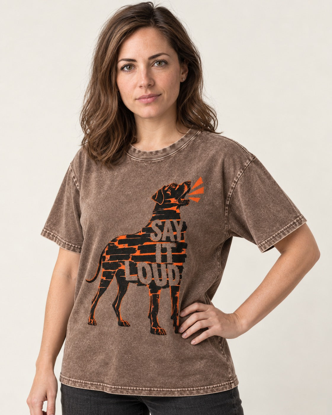 Great Dane Say It Loud Washed Tee in Coffee, worn by a model