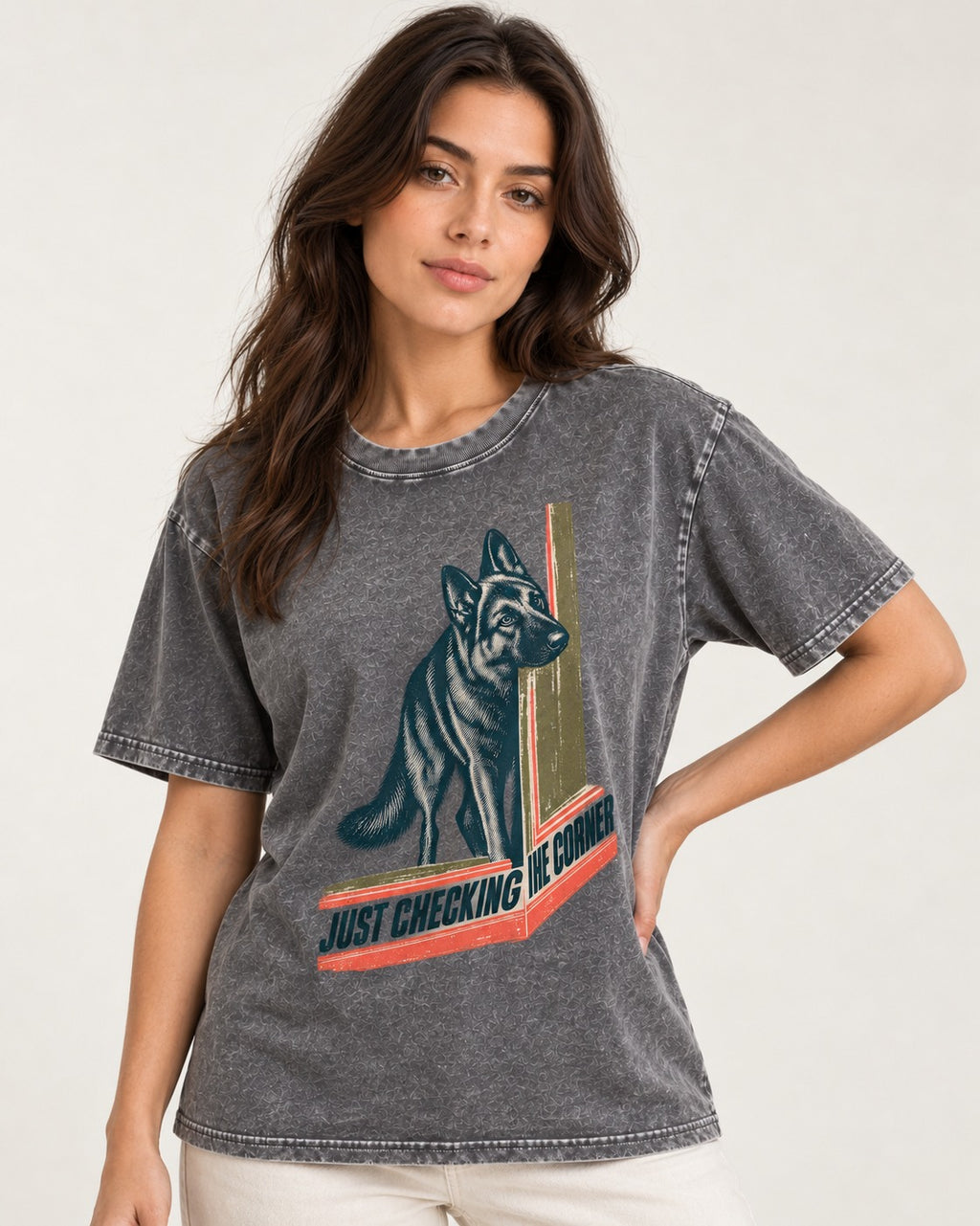 German Shepherd Dog Just Checking the Corner Washed Tee in Gray, worn by a model