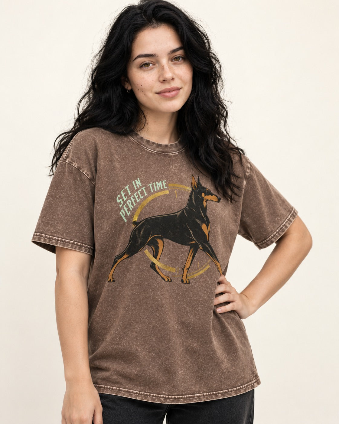 Doberman Set in Perfect Time Clock Stride Graphic Washed Tee in Coffee, worn by a model