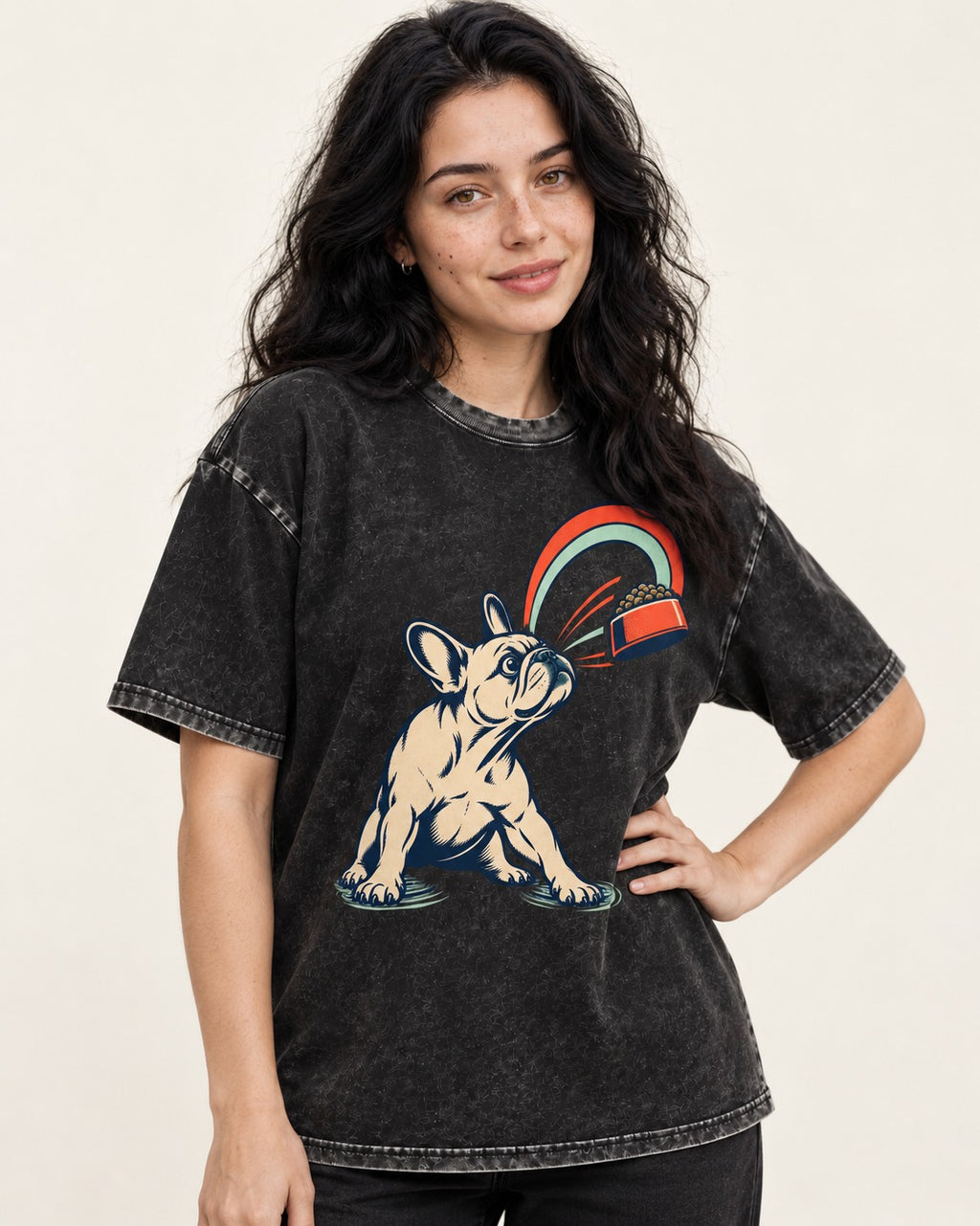 Frenchie Dinner Magnet Graphic Washed Tee in Black, worn by a model