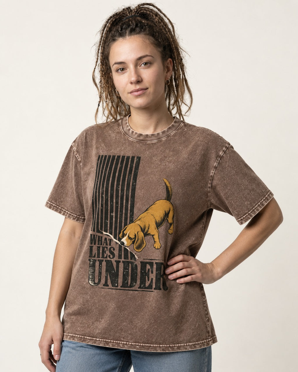 Beagle Knows What Lies Under Washed Tee in Coffee, worn by a model