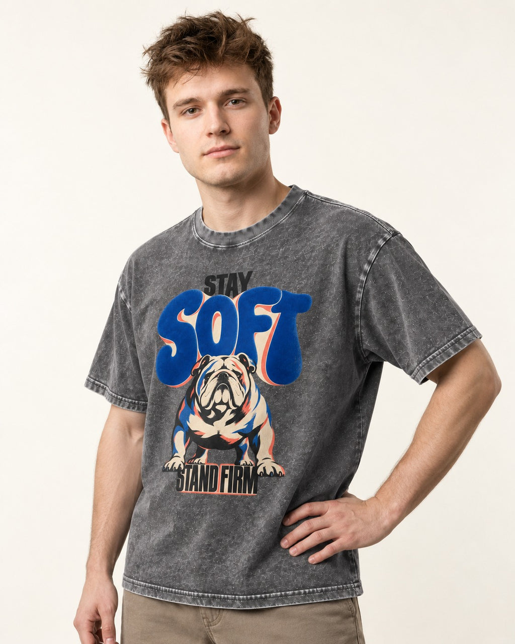Stay Soft Stand Firm English Bulldog Washed Tee in Gray, worn by a model