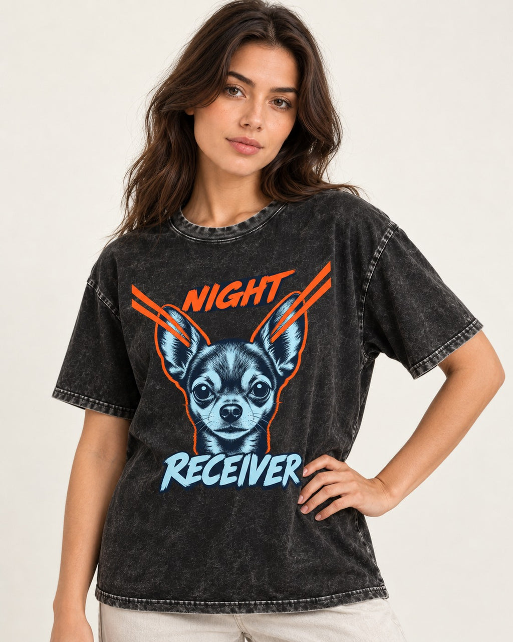 Chihuahua Night Receiver Signal Portrait Graphic Washed Tee in Black, worn by a model