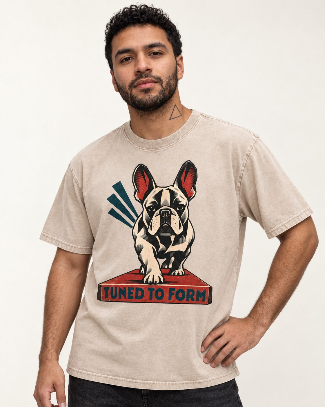 Frenchie Tuned to Form Washed Tee in Apricot, worn by a model