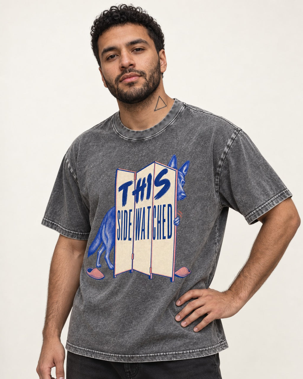 This Side Watched by German Shepherd Dog Washed Tee in Gray, worn by a model
