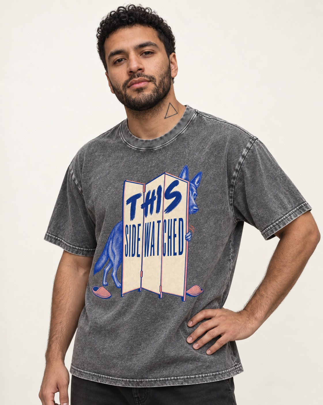 This Side Watched by German Shepherd Dog Washed Tee in Gray, worn by a model