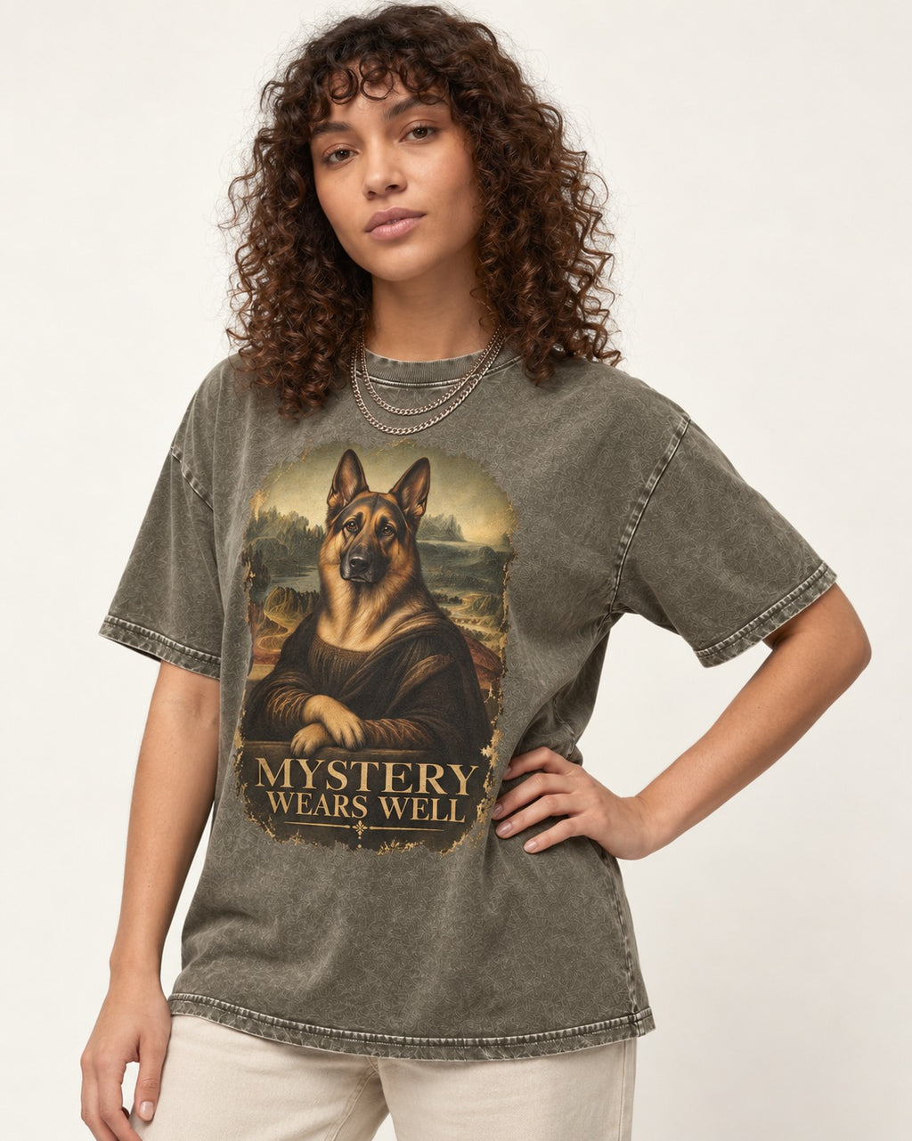 German Shepherd Dog Mystery Wears Well Renaissance Portrait Washed Tee in Army Green, worn by a model
