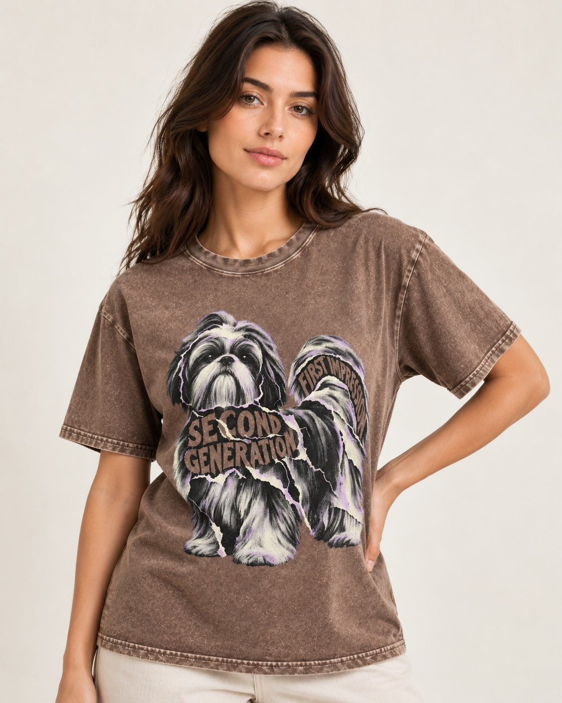 Second Generation Shih Tzu Washed Tee in Coffee, worn by a model