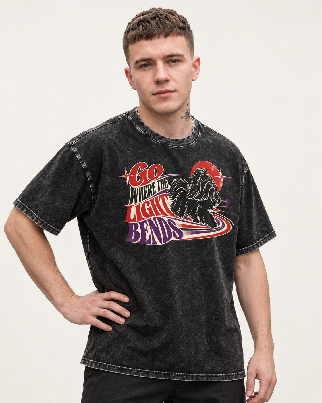 Shih Tzu Go Where the Light Bends Cosmic Orbit Graphic Washed Tee in Black, worn by a model