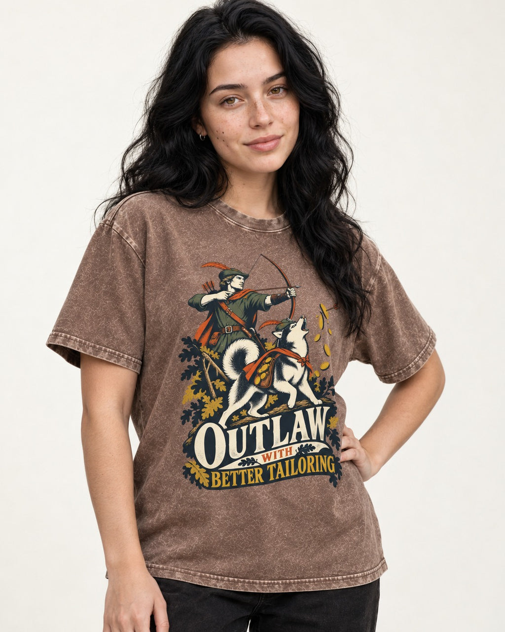 Husky Outlaw with Better Tailoring Washed Tee in Coffee, worn by a model