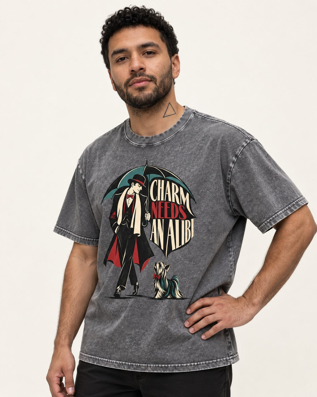 Charm Needs an Alibi Yorkshire Terrier Washed Tee in Gray, worn by a model