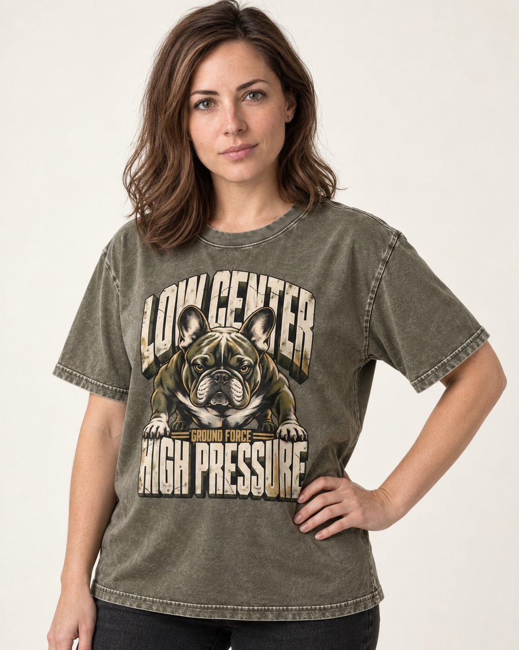Frenchie Low Center High Pressure Graphic Washed Tee in Army Green, worn by a model