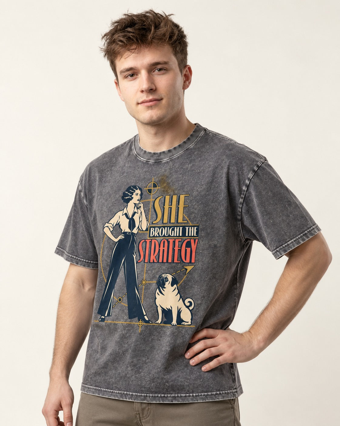 The Pug Strategy Washed Tee in Gray, worn by a model