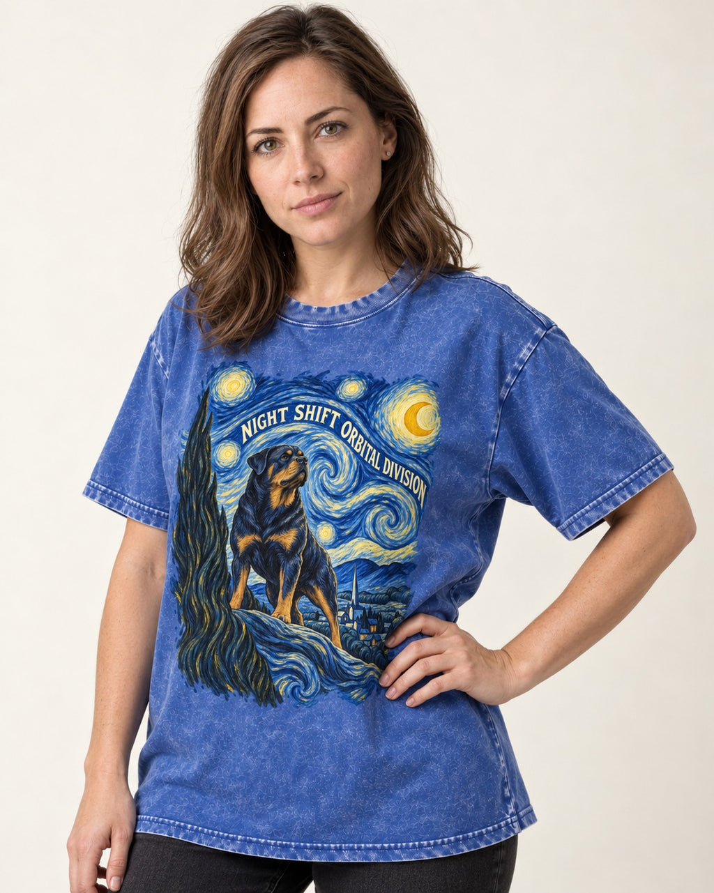 Rottweiler Night Shift Orbital Division Starry Night Graphic Washed Tee in Royal Blue, worn by a model