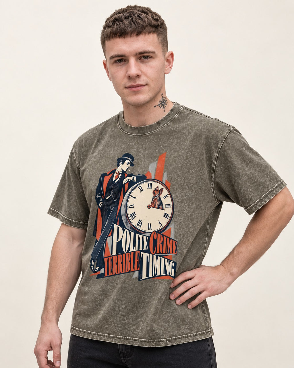 Yorkshire Terrier Polite Crime Terrible Timing Art Deco Clock Graphic Washed Tee in Army Green, worn by a model