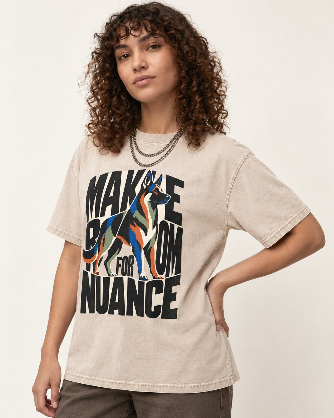 Make Room for Nuance German Shepherd Dog Washed Tee in Apricot, worn by a model