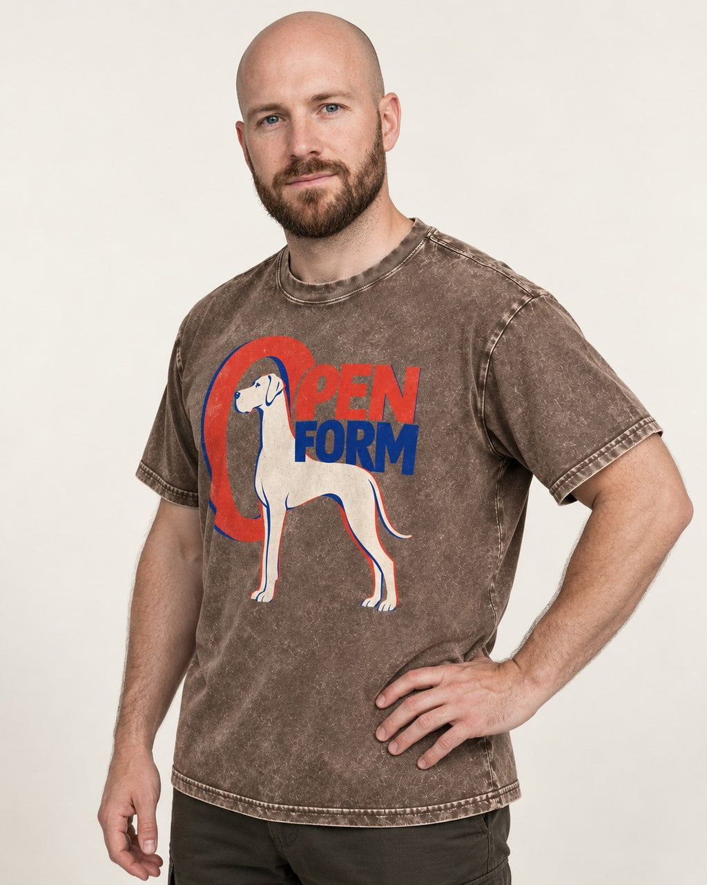 Open Form Great Dane Washed Tee in Coffee, worn by a model