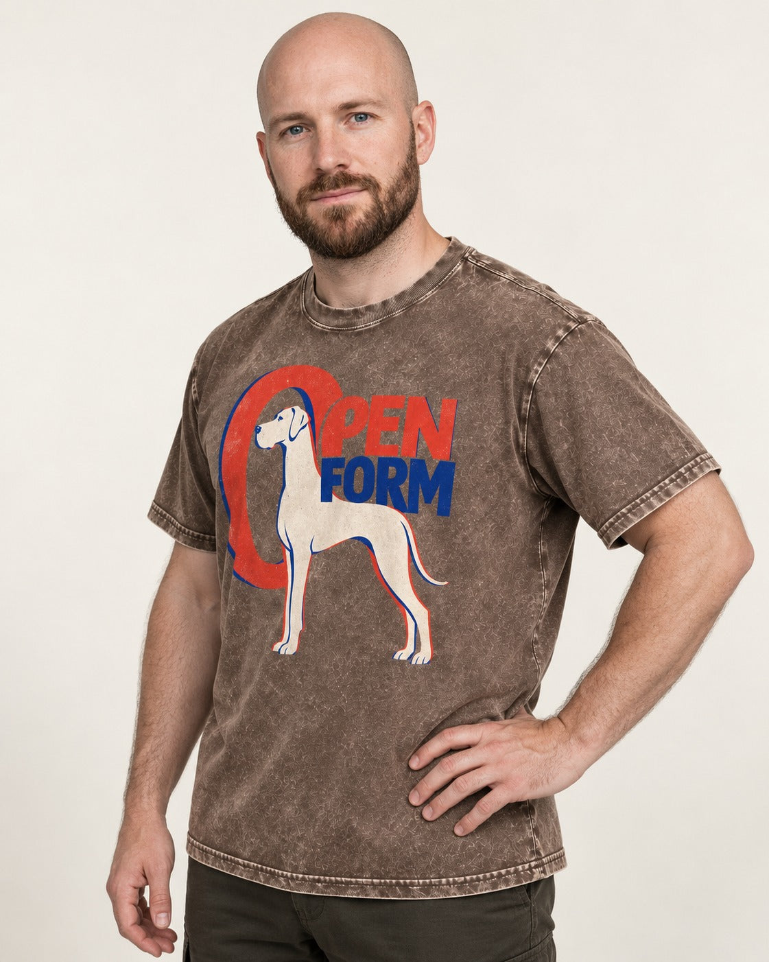 Open Form Great Dane Washed Tee in Coffee, worn by a model