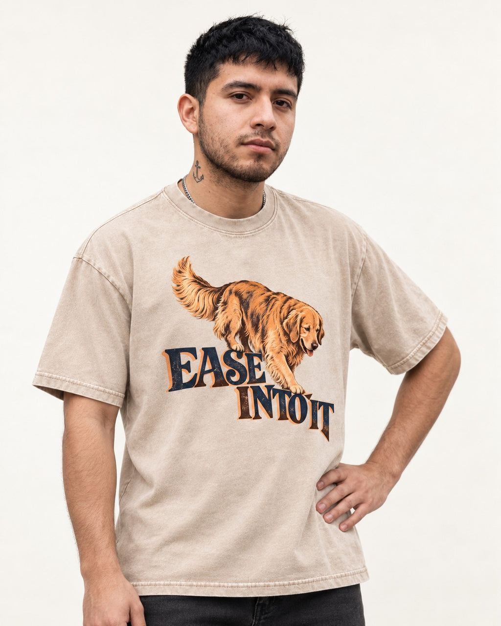 Golden Retriever Ease Into It Washed Tee in Apricot, worn by a model