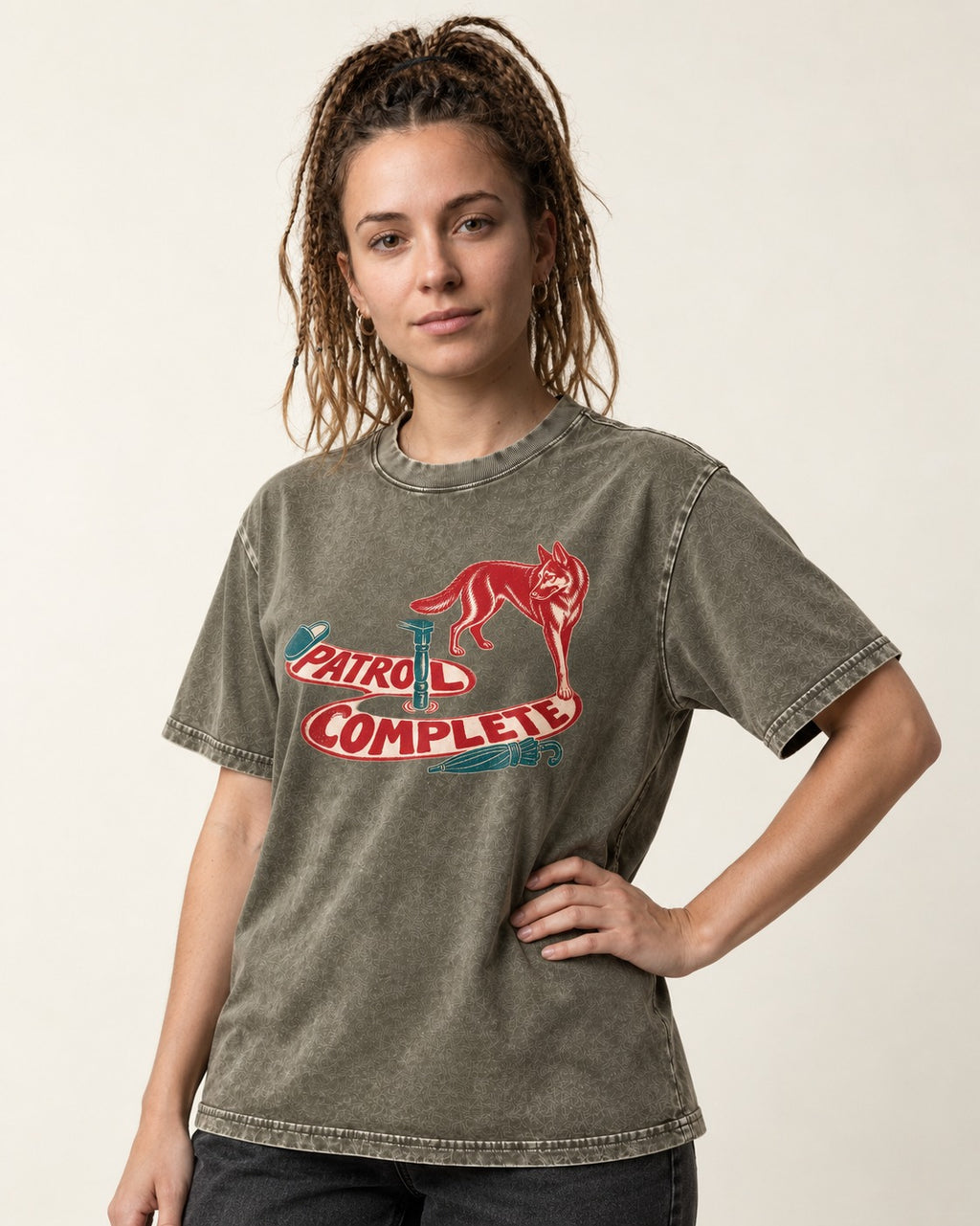 German Shepherd Dog Patrol Complete Umbrella Graphic Washed Tee in Army Green, worn by a model