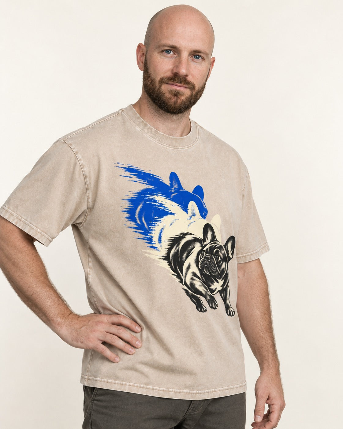 Frenchie Blue Brush Zoomie Graphic Washed Tee in Apricot, worn by a model