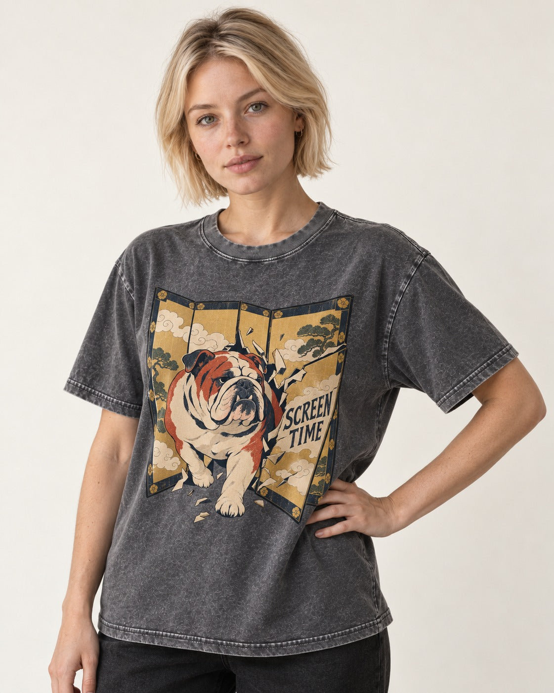 English Bulldog Screen Time Washed Tee in Gray, worn by a model