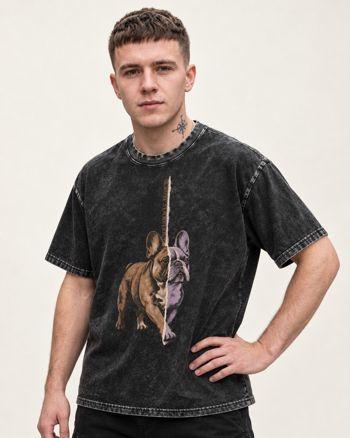 Frenchie Almost Symmetrical Torn Split Graphic Washed Tee in Black, worn by a model