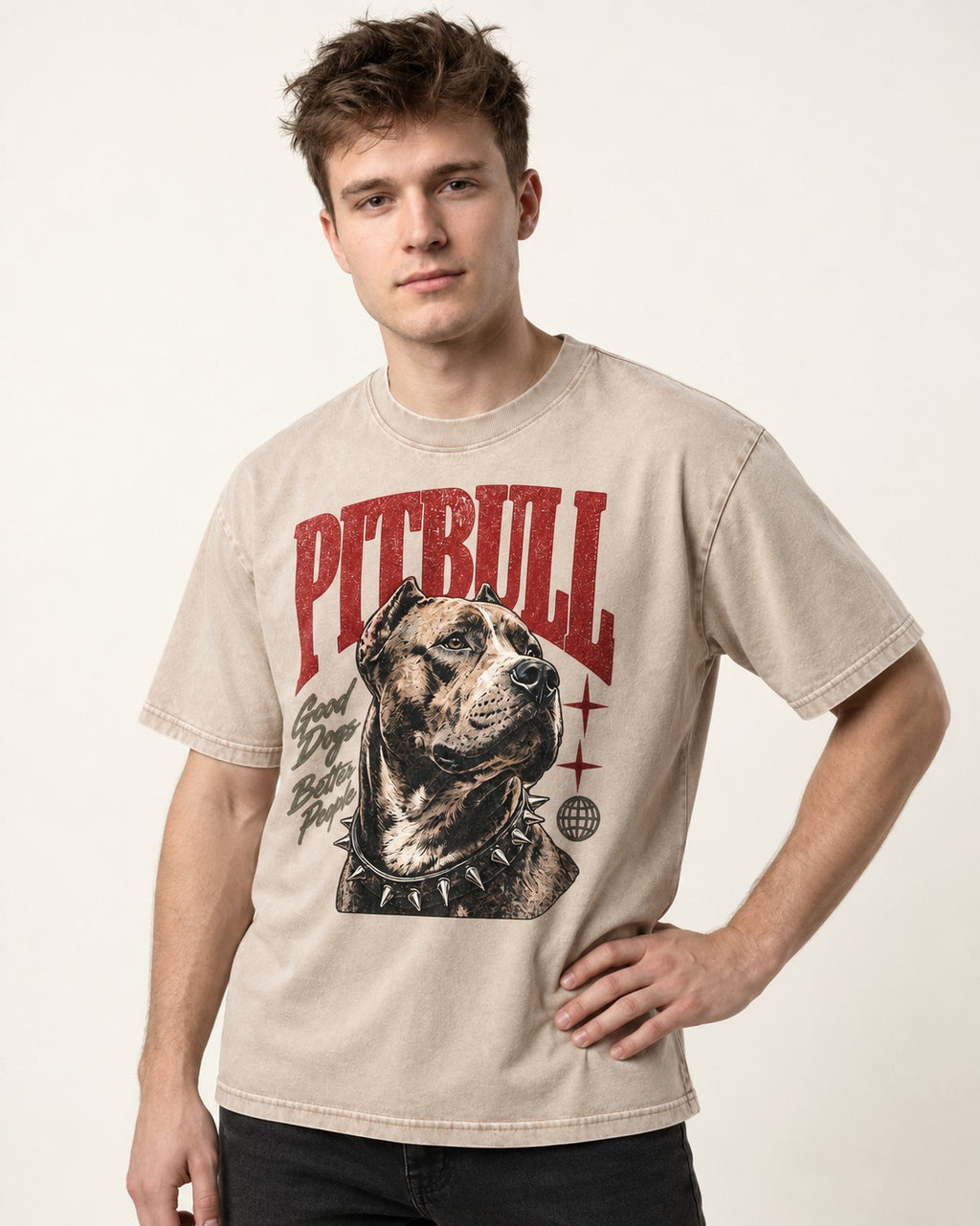 Pitbull Makes Better People Washed Tee in Apricot, worn by a model
