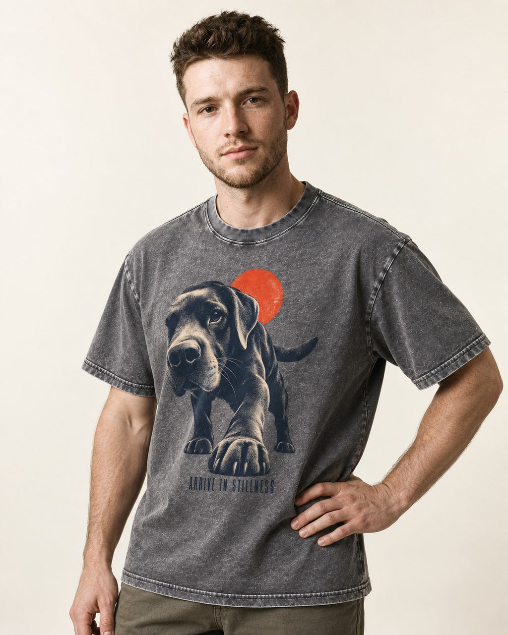 Labrador Retriever Arrive in Stillness Washed Tee in Gray, worn by a model