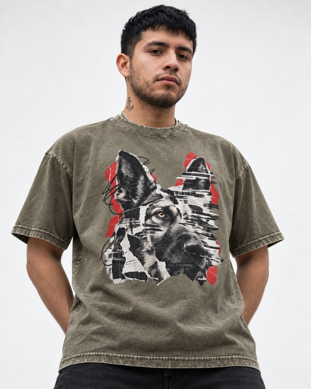 Black Signal Torn Collage German Shepherd Dog Portrait Graphic Washed Tee in Army Green, worn by a model