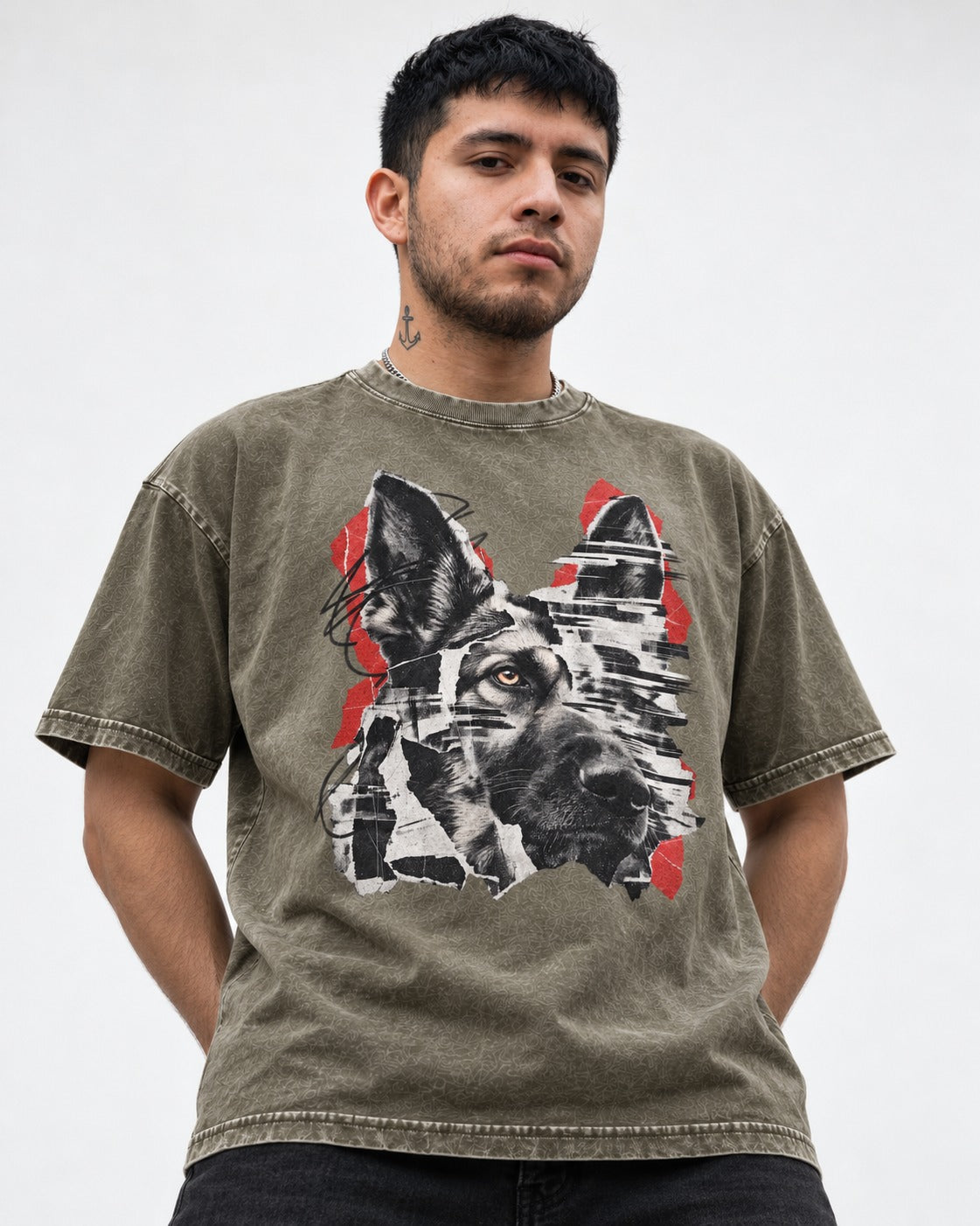 Black Signal Torn Collage German Shepherd Dog Portrait Graphic Washed Tee in Army Green, worn by a model