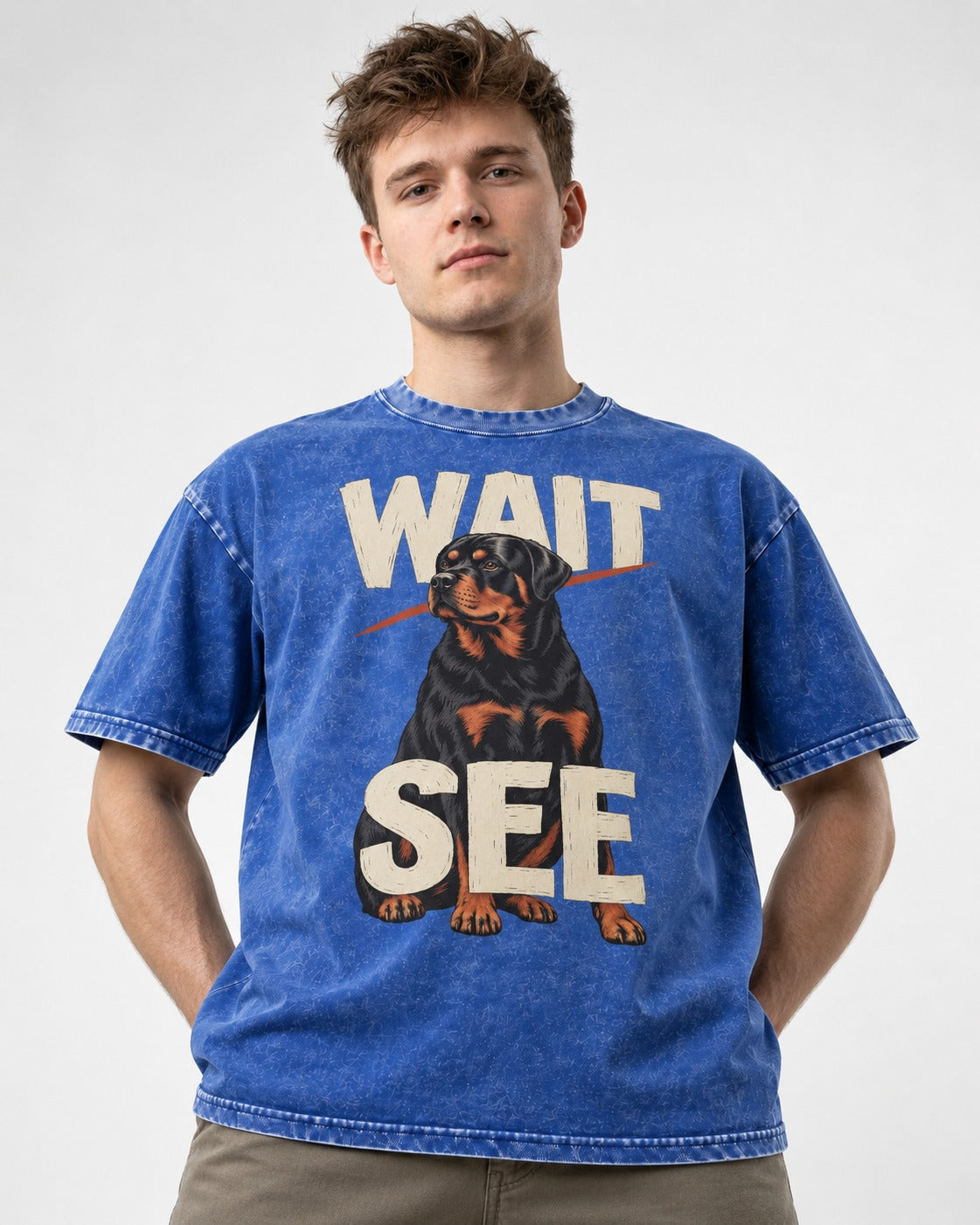 Wait See Rottweiler Seated Slash Graphic Washed Tee in Royal Blue, worn by a model