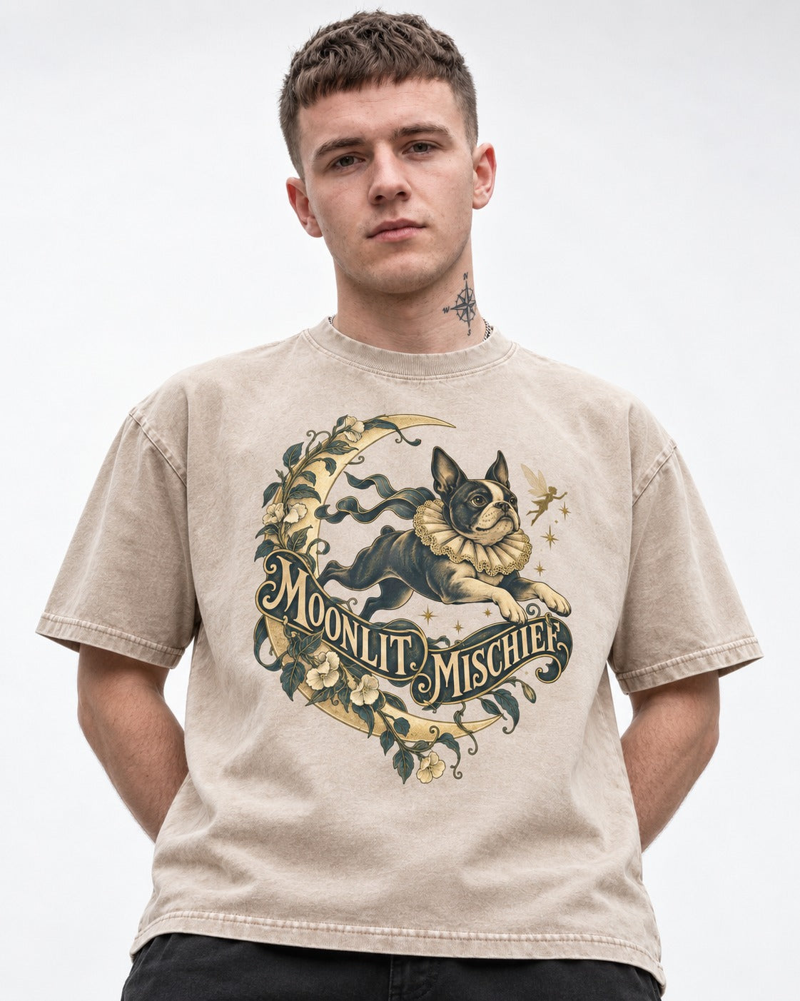 Boston Terrier Moonlit Mischief Washed Tee in Apricot, worn by a model
