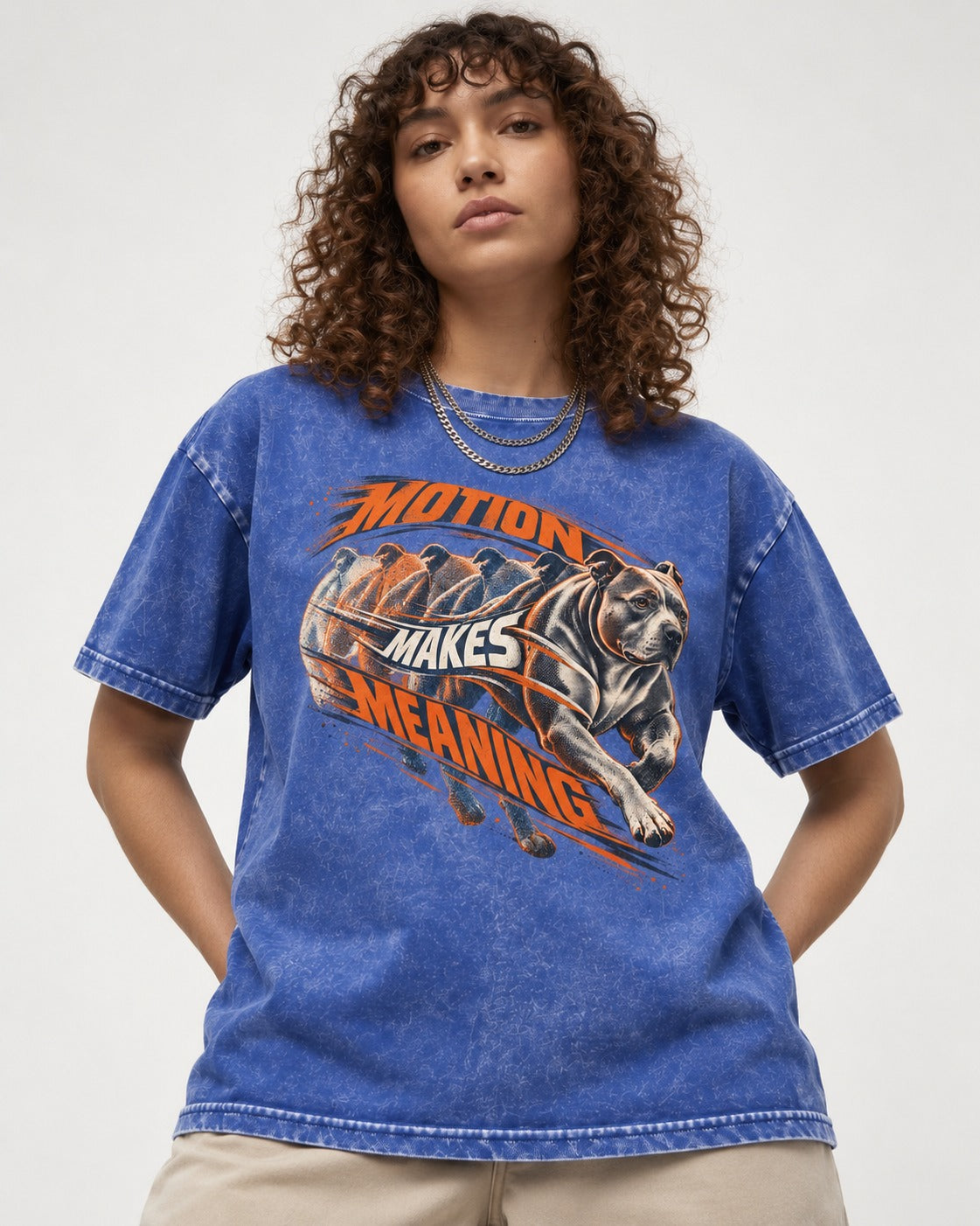 Pitbull Motion Makes Meaning Running Dog Graphic Washed Tee in Royal Blue, worn by a model