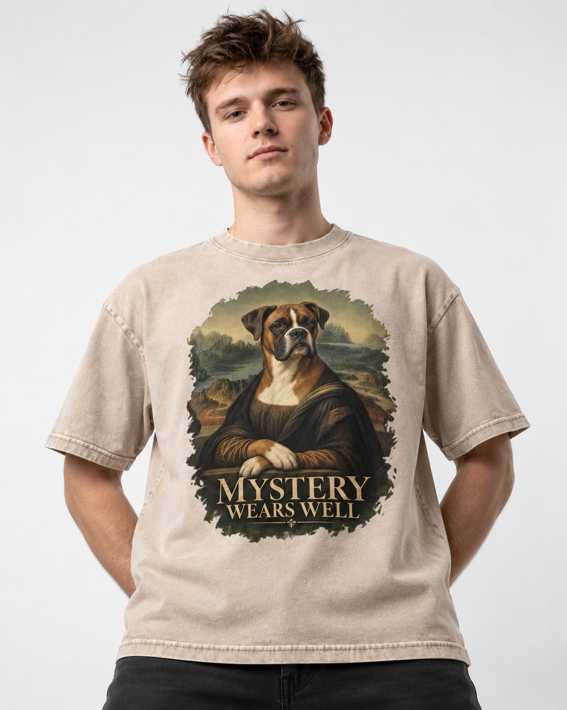Mystery Wears Well Boxer Mona Lisa Portrait Washed Tee in Apricot, worn by a model