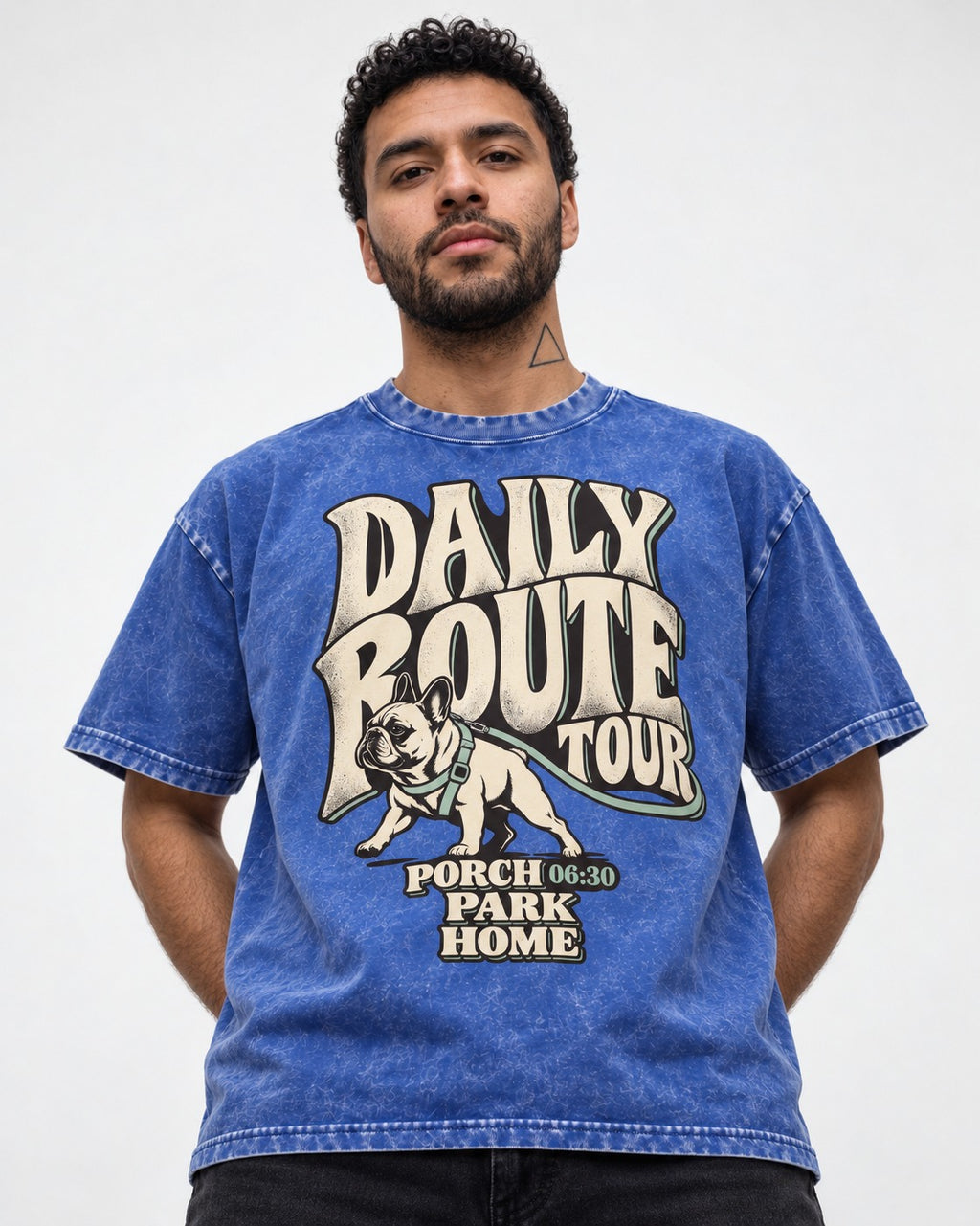 Frenchie Daily Route Tour Graphic Washed Tee in Royal Blue, worn by a model