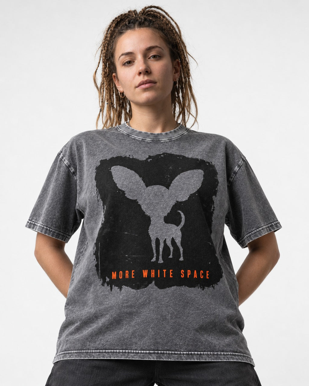 More White Space Chihuahua Washed Tee in Gray, worn by a model