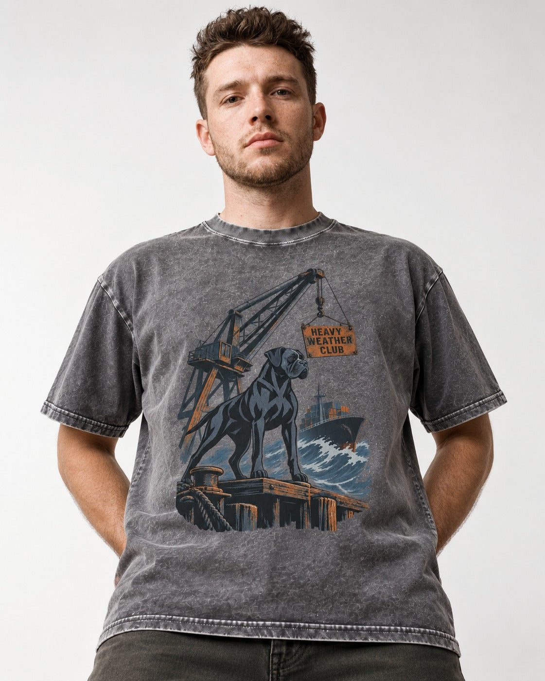 Boxer Heavy Weather Club Washed Tee in Gray, worn by a model