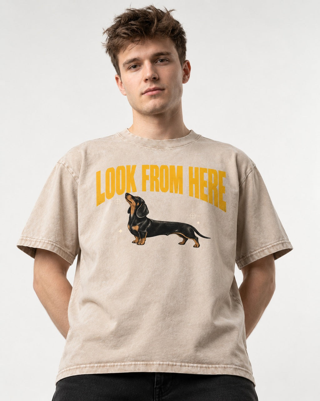 Dachshund Look From Here Washed Tee in Apricot, worn by a model