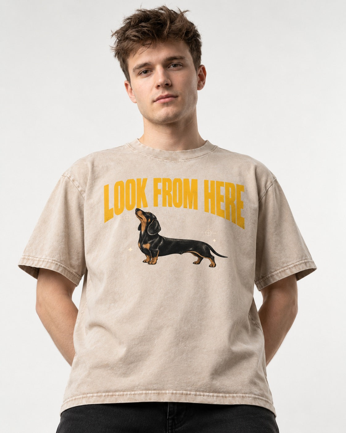 Dachshund Look From Here Washed Tee in Apricot, worn by a model