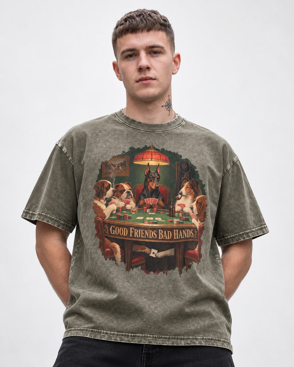 Doberman Good Friends Bad Hands Poker Night Graphic Washed Tee in Army Green, worn by a model