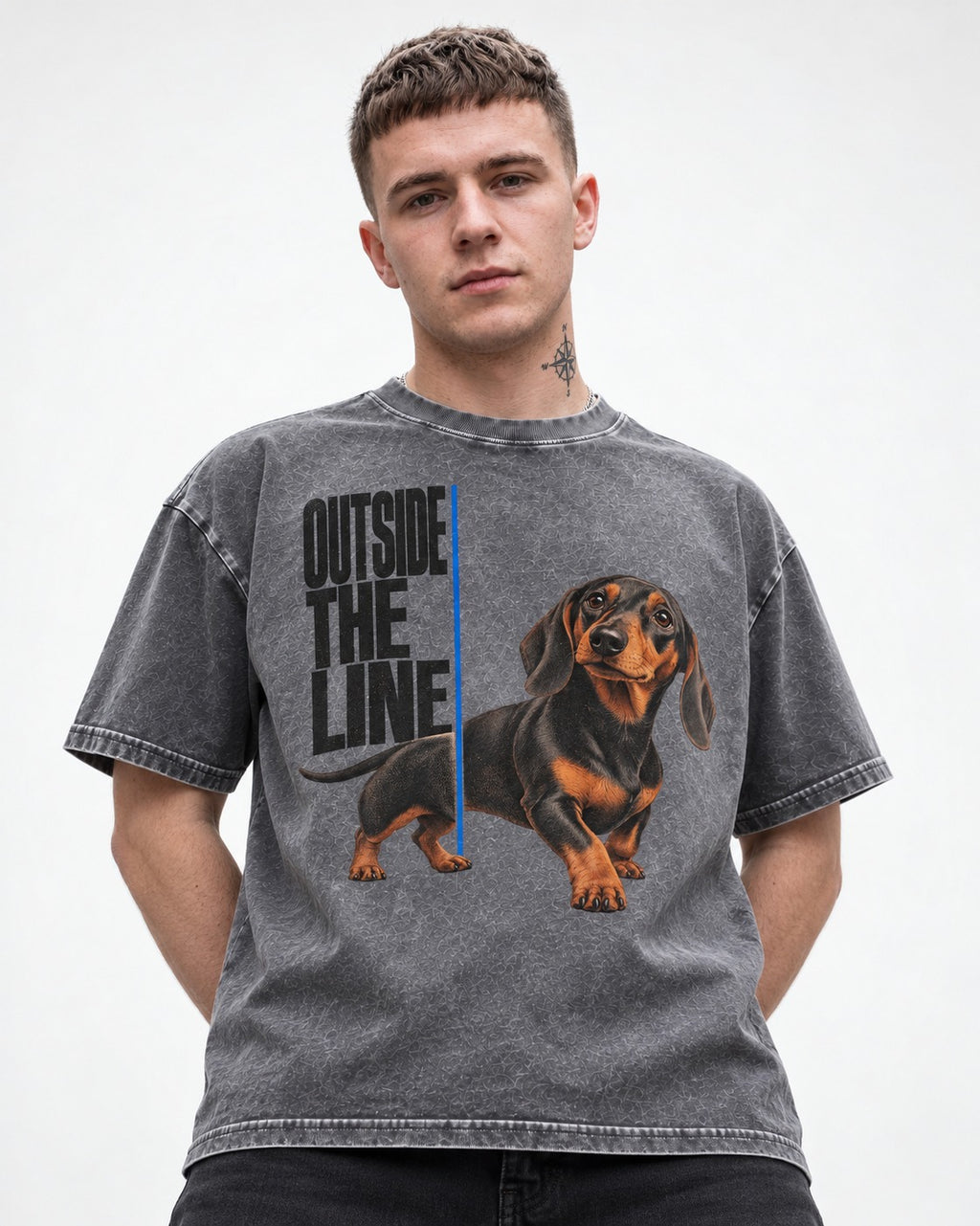 Dachshund Outside the Line Washed Tee in Gray, worn by a model