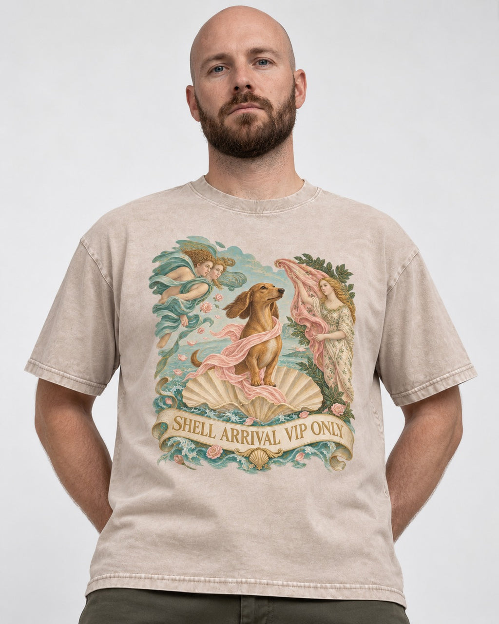 Dachshund Shell Arrival VIP Only Venus Parody Graphic Washed Tee in Apricot, worn by a model