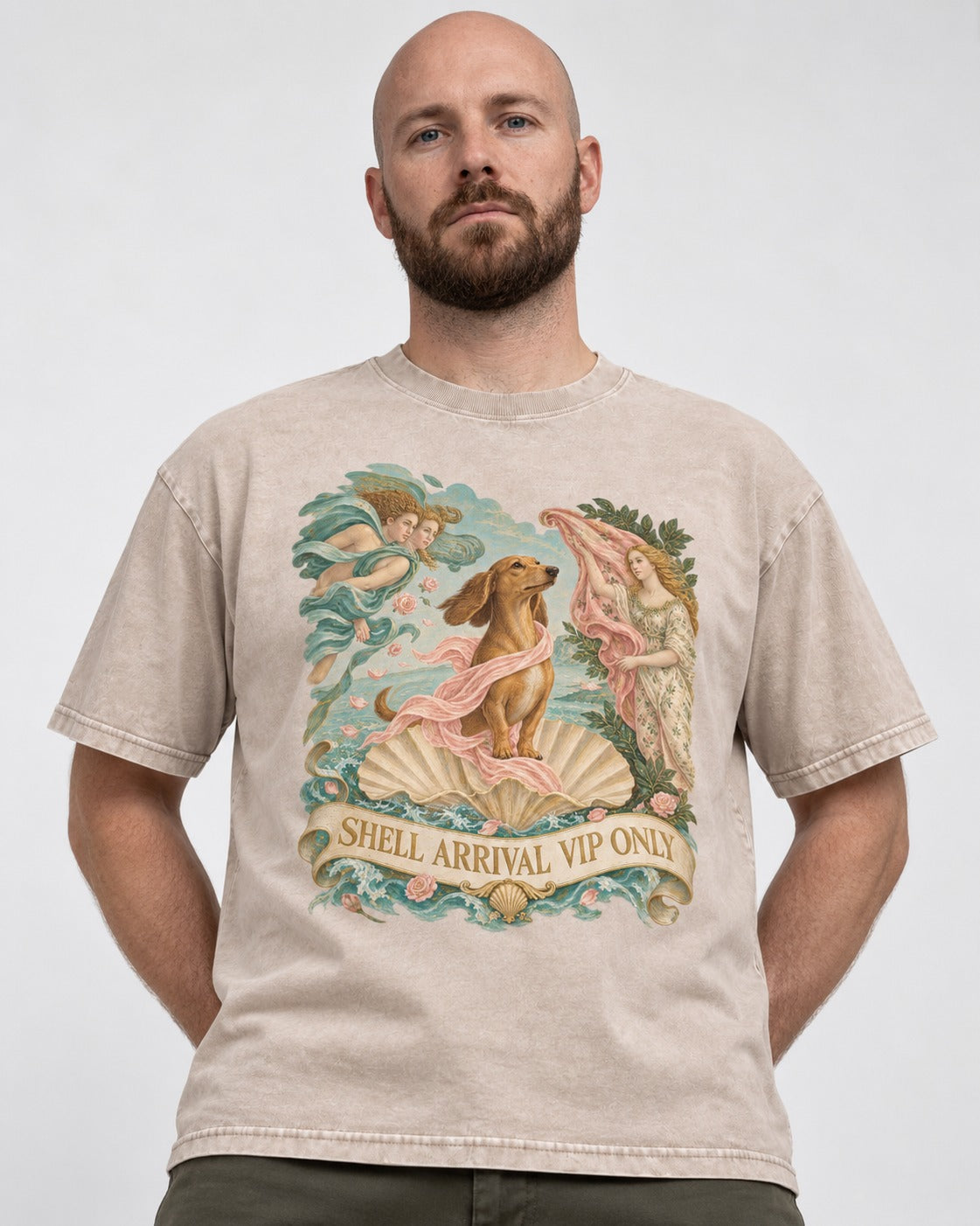 Dachshund Shell Arrival VIP Only Venus Parody Graphic Washed Tee in Apricot, worn by a model